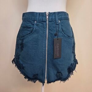 NWT $188 Carmar Denim Beatrice Distressed Mini Skirt Teal Blue Front Zip 28